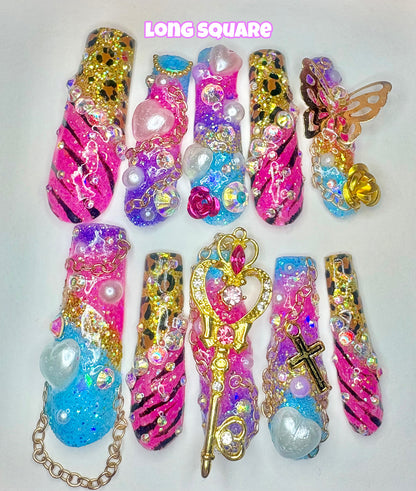 Bright Colourful Glitter Animal Print Gyaru | Press On Nails