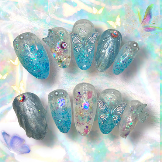 Iridescent Blue Butterfly| Press On Nails