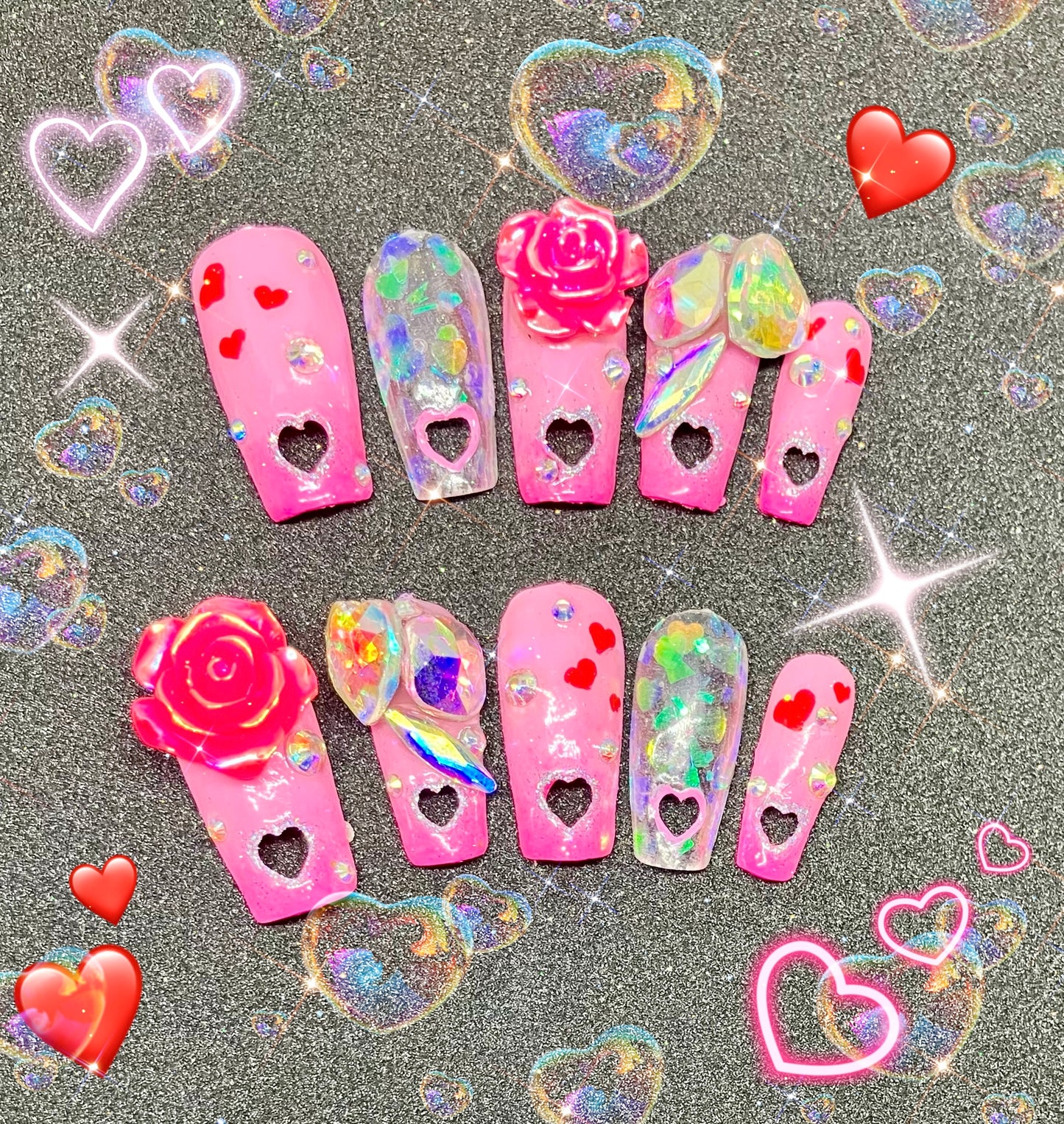 Romantic Iridescent Valentine Heart Cutout | Press On Nails