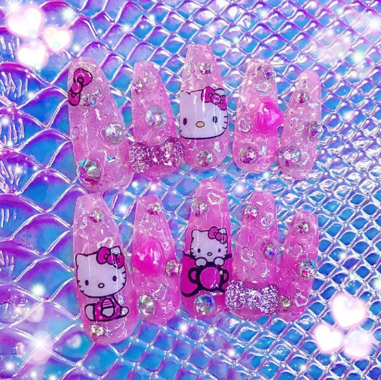 Translucent Jelly Kawaii Kitty Character nails | Press On Nails